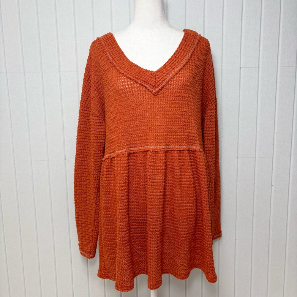 BiBi Waffle Orange Knit V-Neck Babydoll Blouse Size L